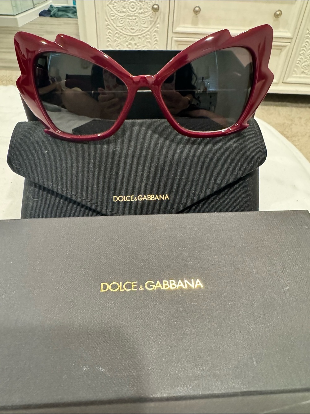 Dolce & Gabbana Burgundy Cat-Eye Acetate Sunglasses with Dark Lenses